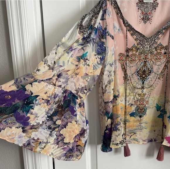 Camilla Multicolor Pink Floral Embellished Flutter Sleeve Open Shoulder Blouse - Picture 6 of 11